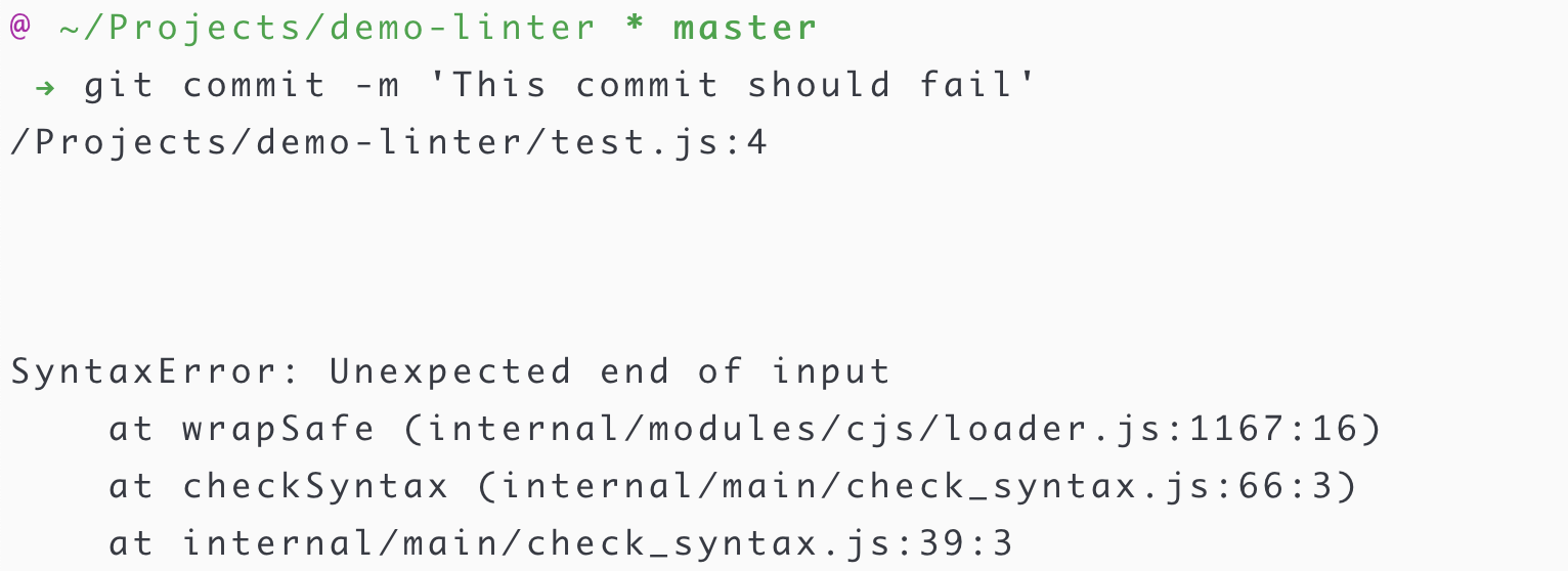 Git aborting a commit due to syntax error in a JavaScript file.