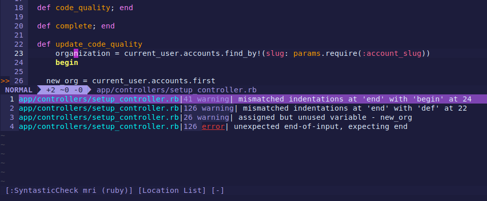 VIM Editor configured with the vim-syntastic plugin.