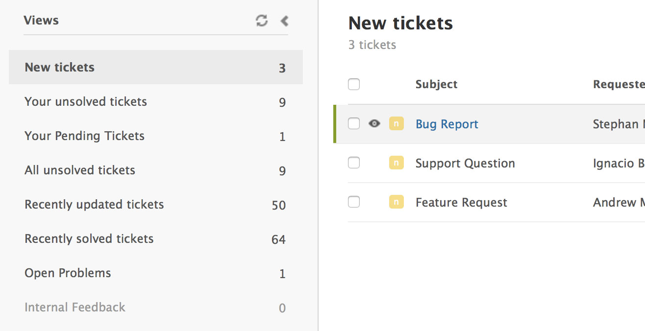 Example views in Zendesk