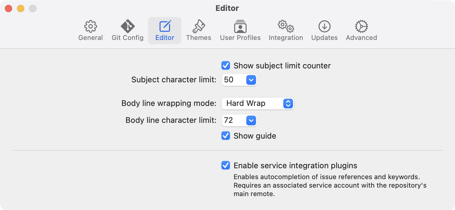 Editor tab in Tower's Settings Window