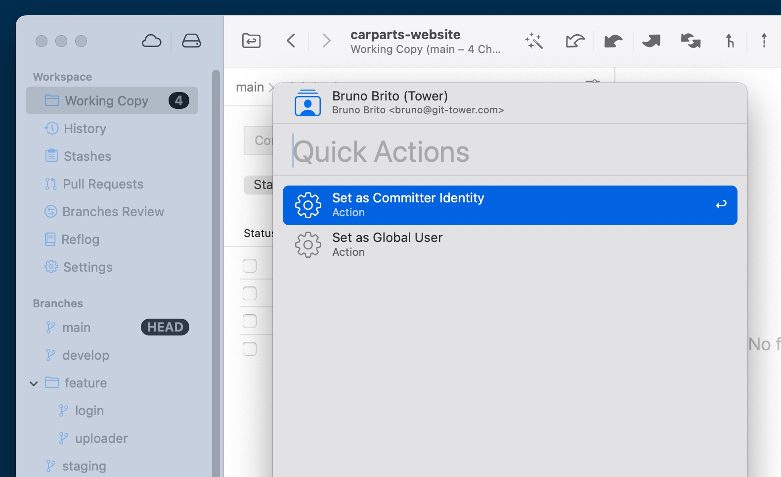 Setting Committer Identity with Quick Actions