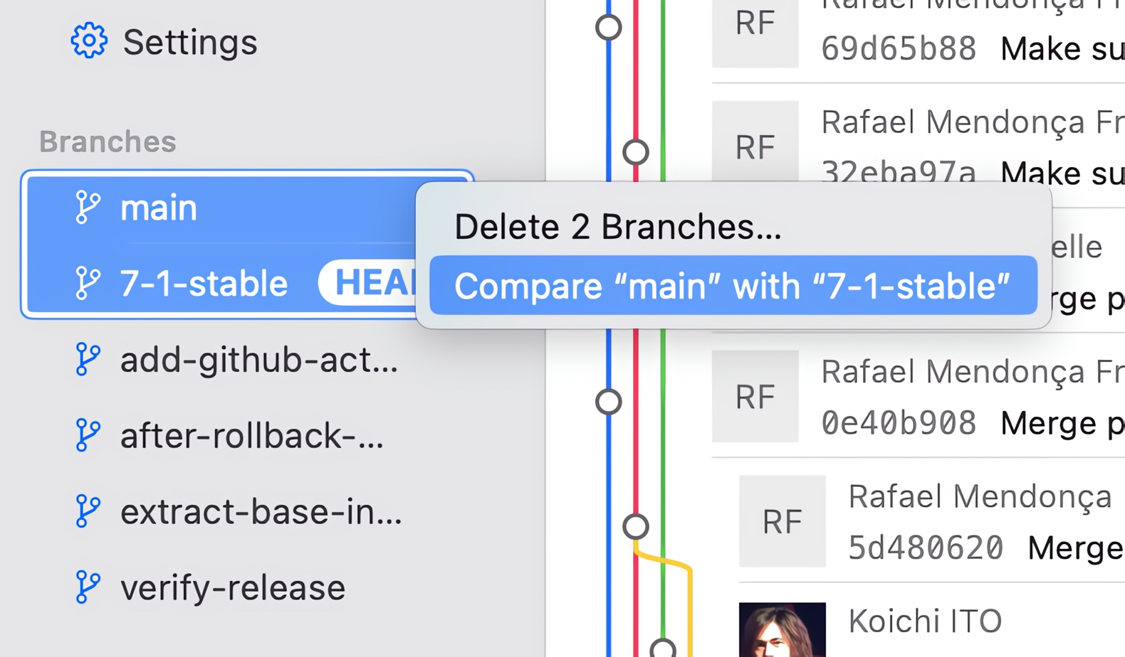 Tower — Compare Branches by right-clicking