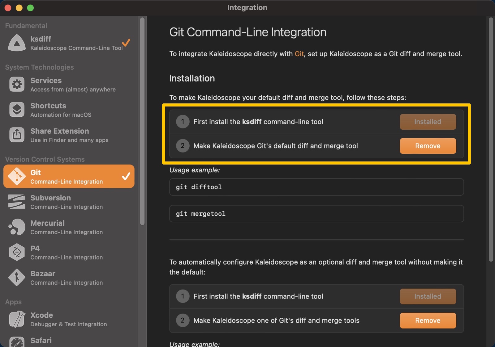 Kaleidoscope Git CLI integration