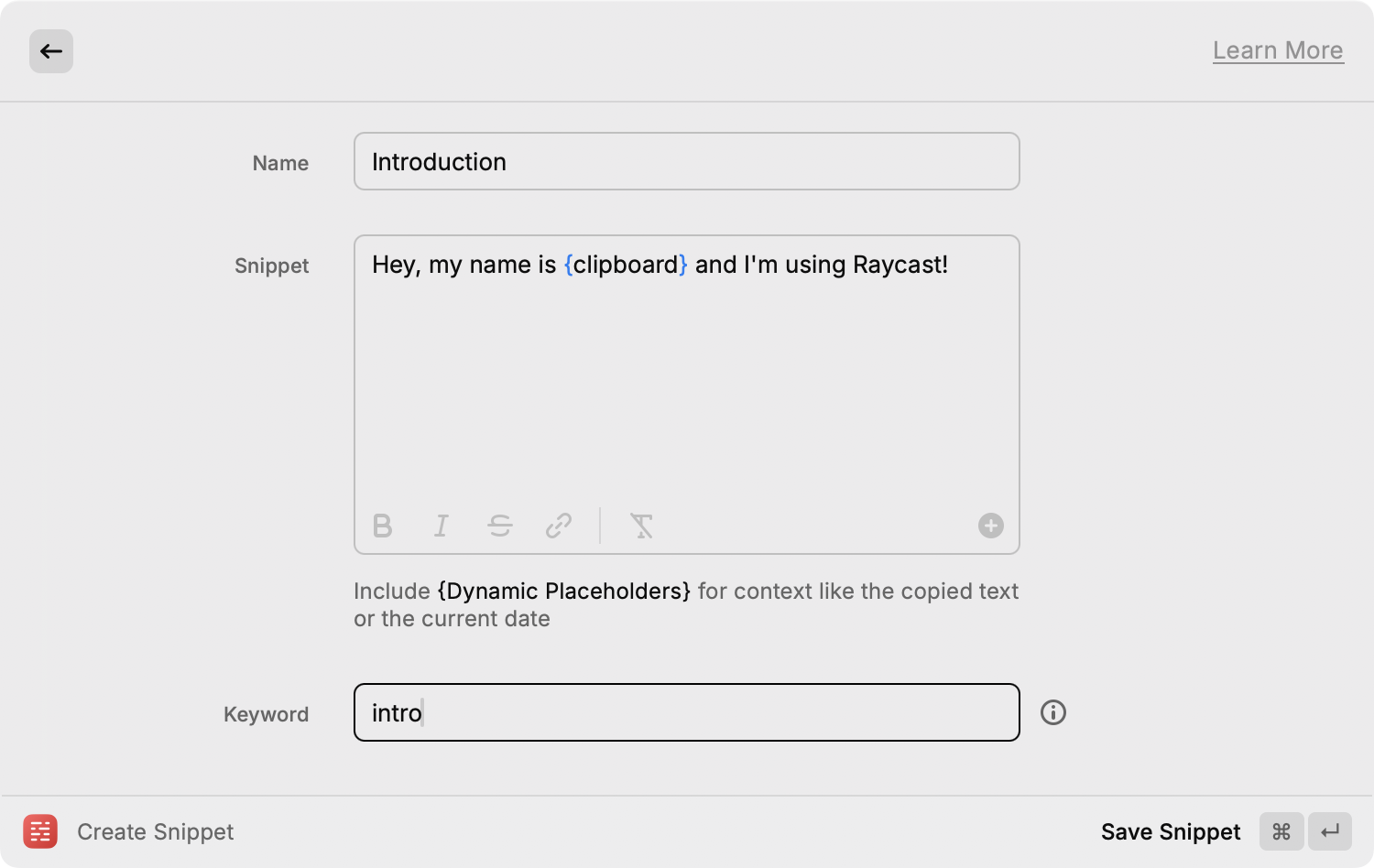 Raycast — Create Snippet