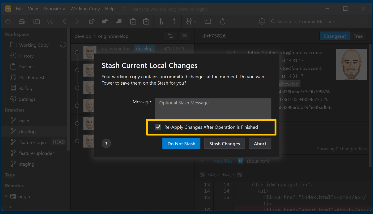 Stash Current Local Changes in Tower for Windows