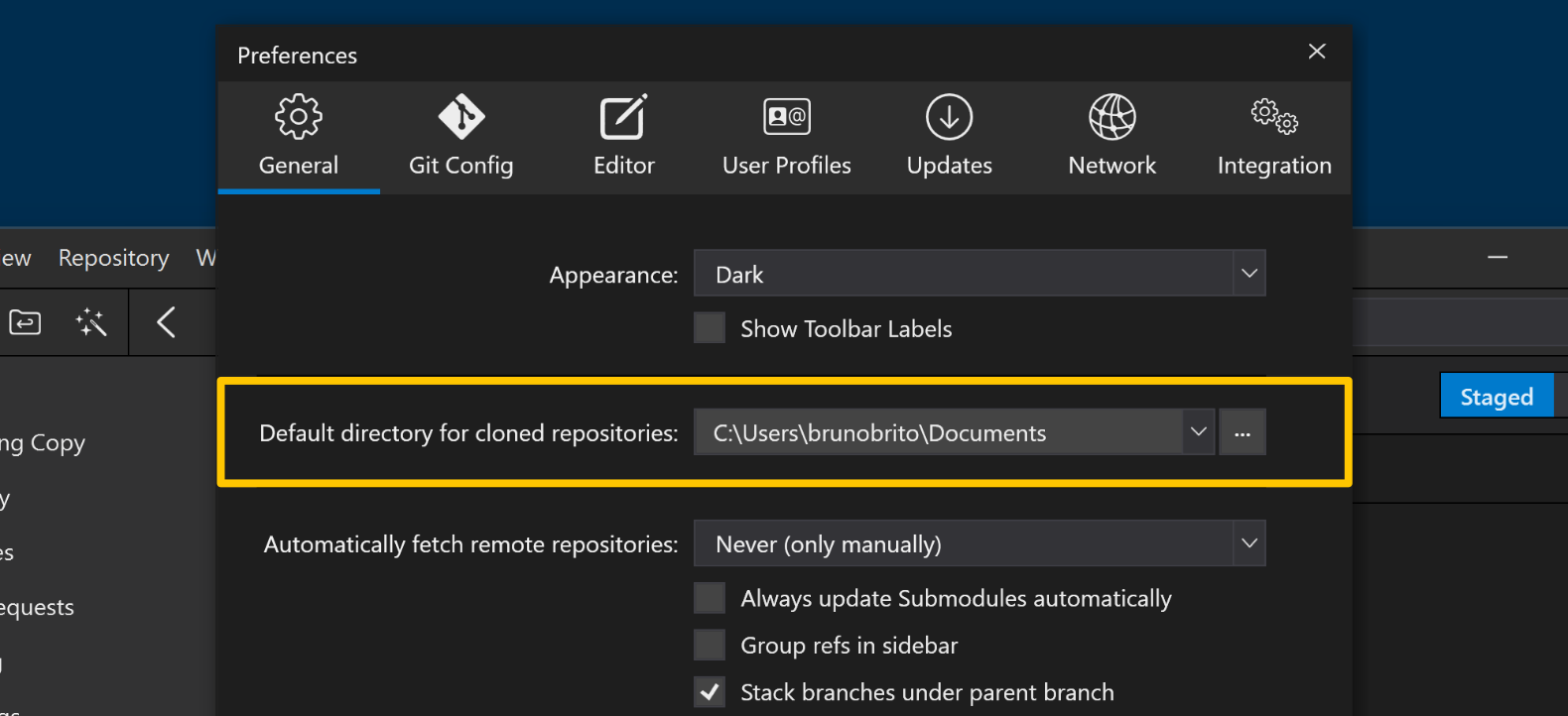 Default directory for cloned repositories in Tower for Windows