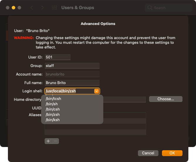 Changing the Shell via System Preferences