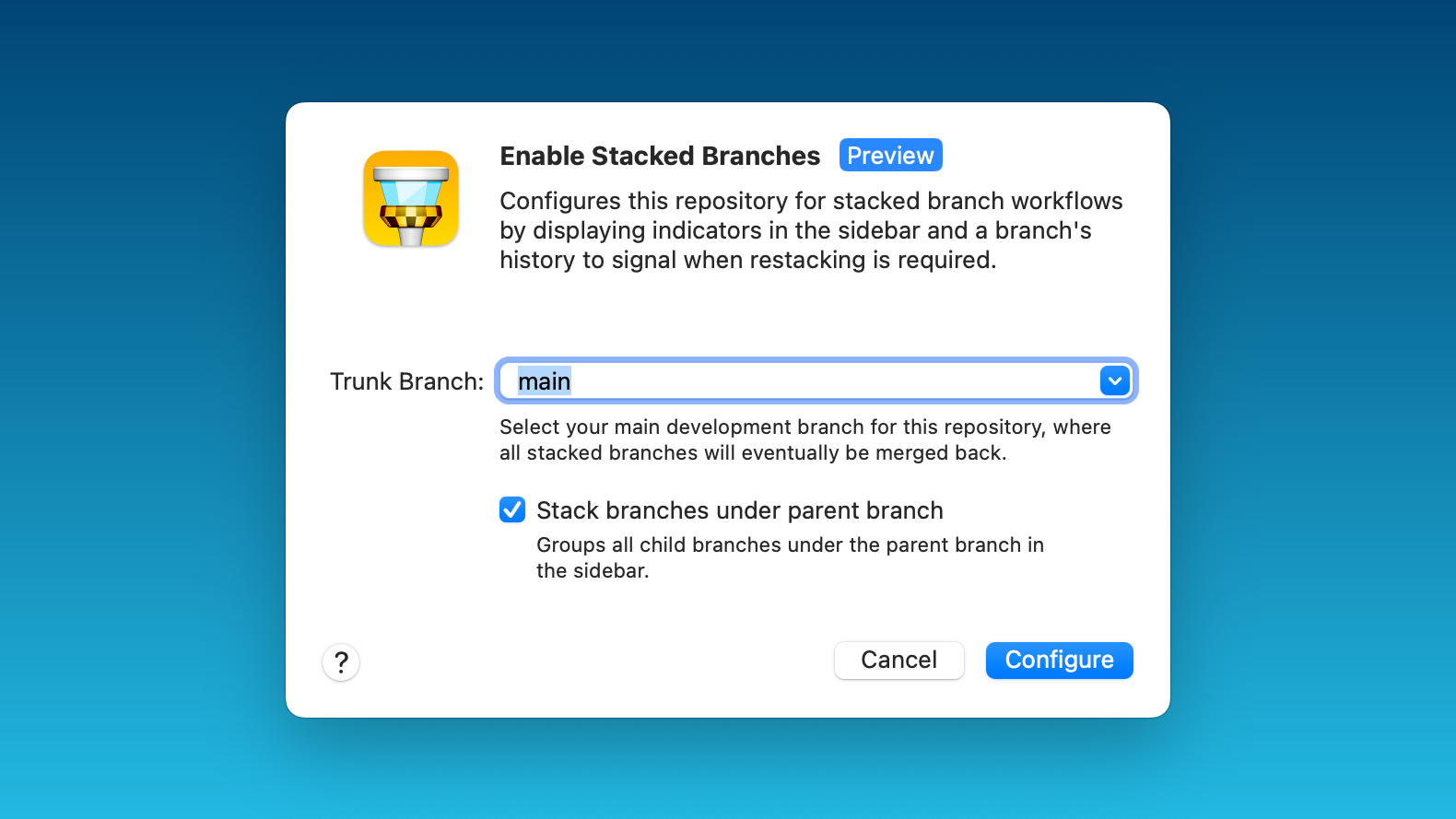 Tower 12 – Enabling Stacked Branches dialog