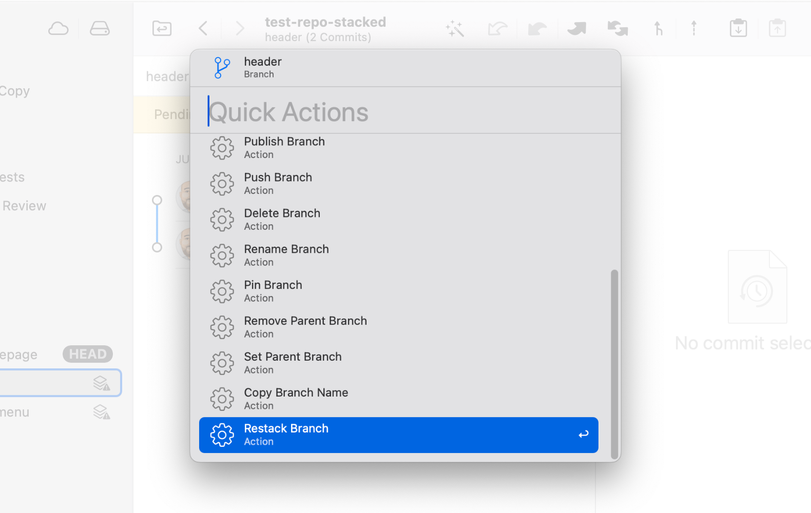 Tower 12 — Restack Branch with Quick Actions