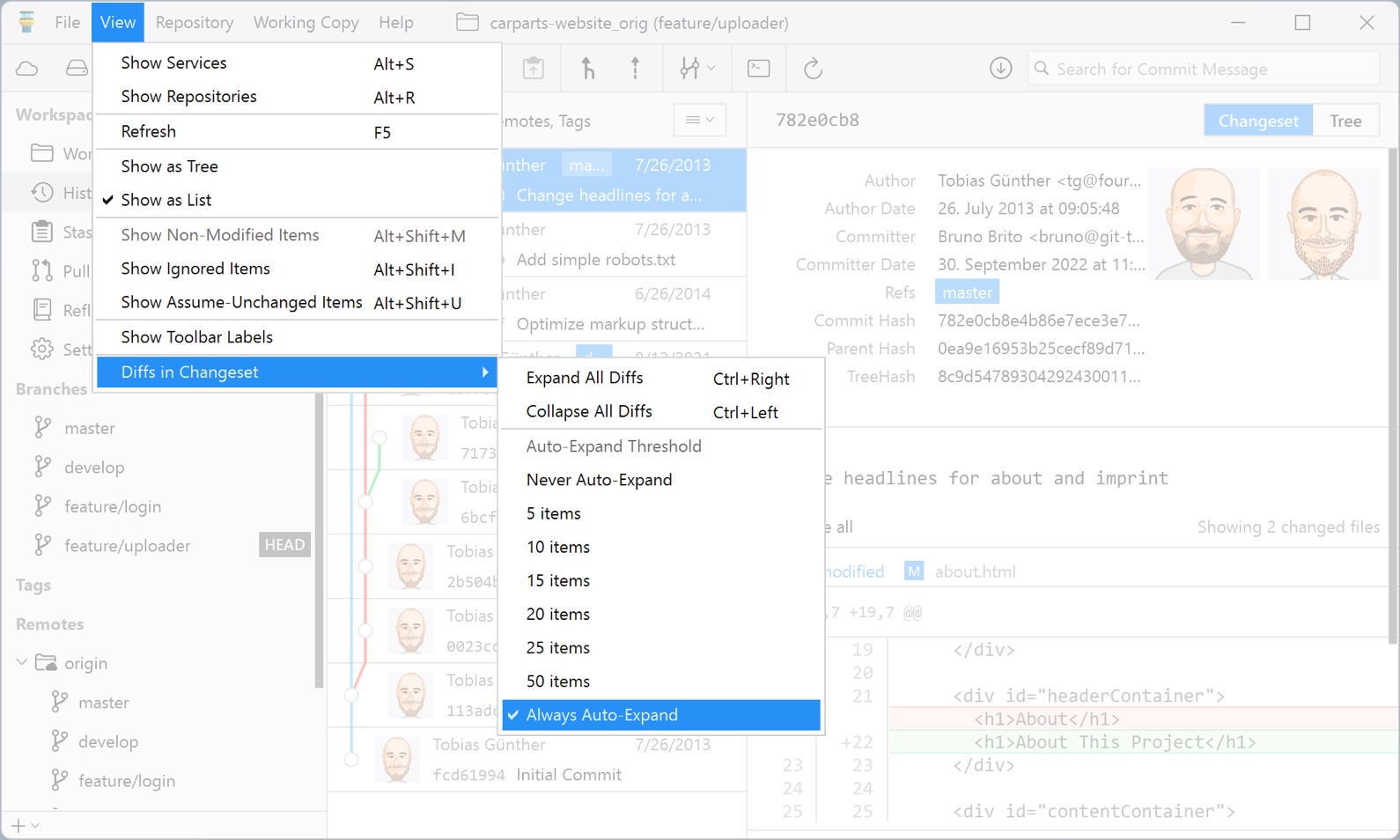 Tower for Windows — Auto-Expand Diffs in Changesets