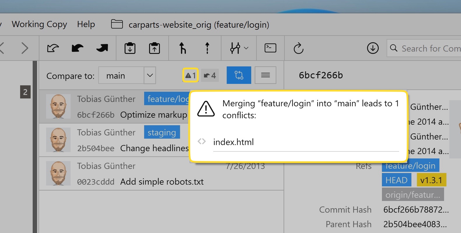 Branch Comparison – Merge Conflicts