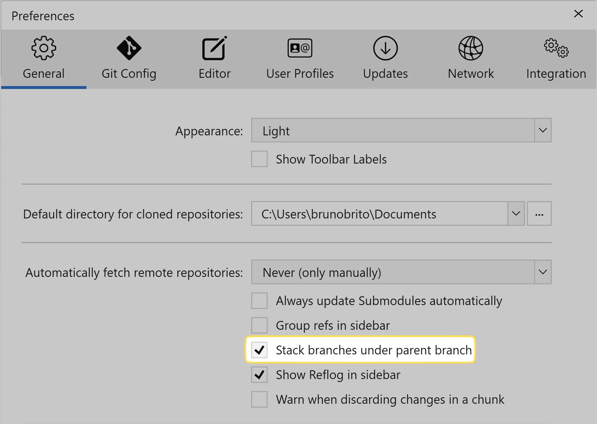 Tower 8.0 for Windows — Stack Branches Under Parent Branch